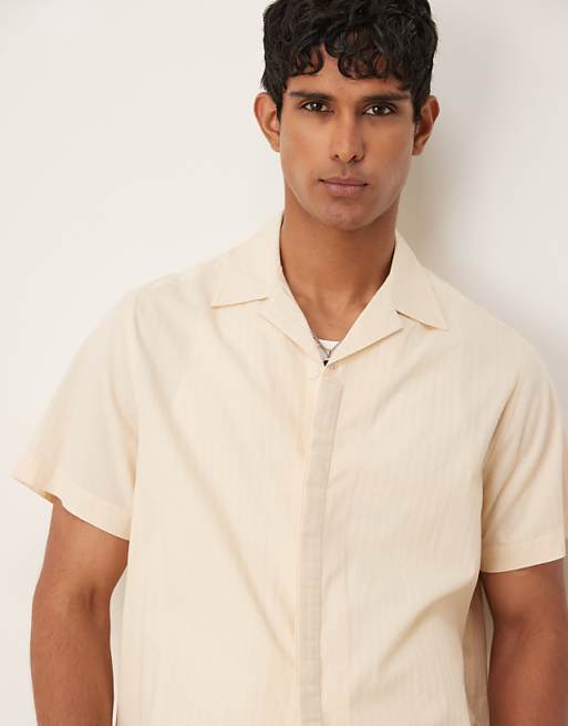 DESIGN boxy revere shirt in jacquard in stone