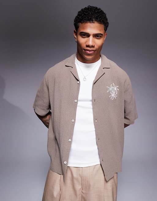 DESIGN boxy revere shirt with chest embroidery in green