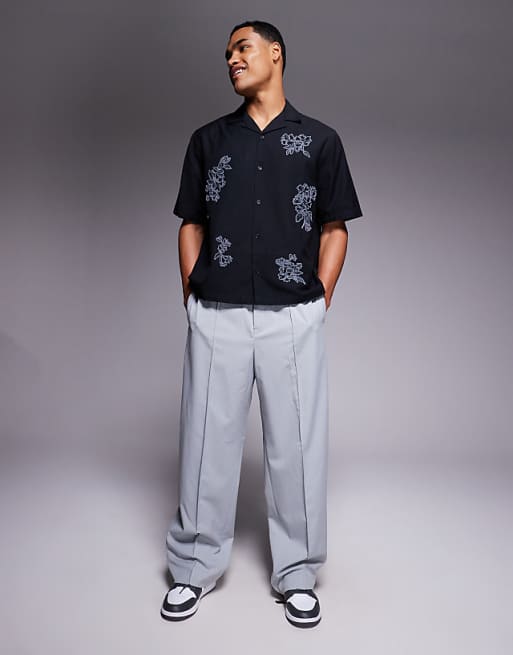 DESIGN Boxy Revere Shirt With Floral Embroidery In Black