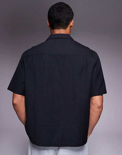 DESIGN Boxy Revere Shirt With Floral Embroidery In Black