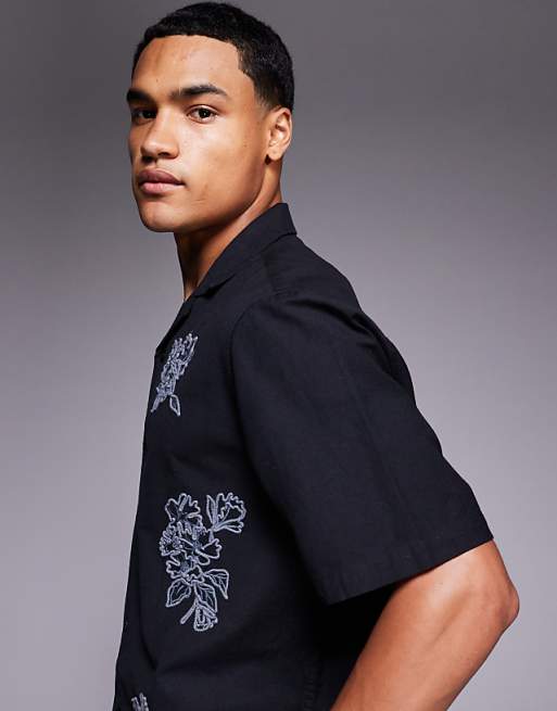 DESIGN Boxy Revere Shirt With Floral Embroidery In Black