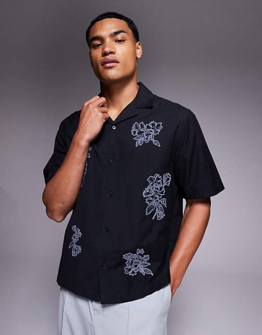DESIGN boxy revere shirt with floral embroidery in black