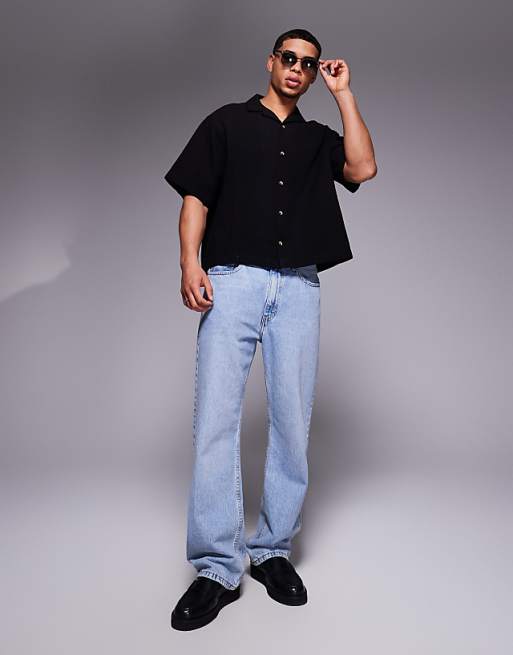 DESIGN Boxy Revere Shirt With Pin Tuck Detailing In Black