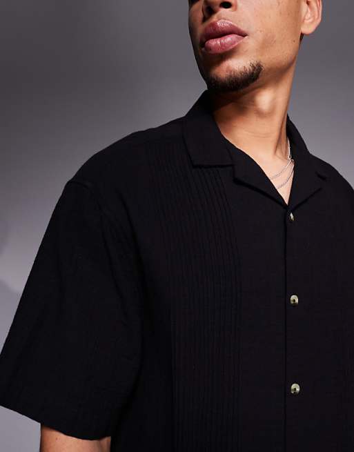 DESIGN Boxy Revere Shirt With Pin Tuck Detailing In Black