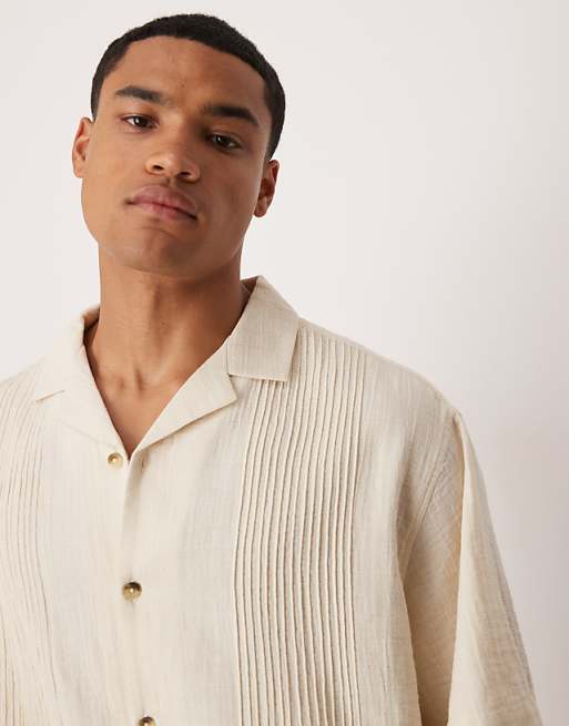DESIGN Boxy Revere Shirt With Pin Tuck Detailing In Stone