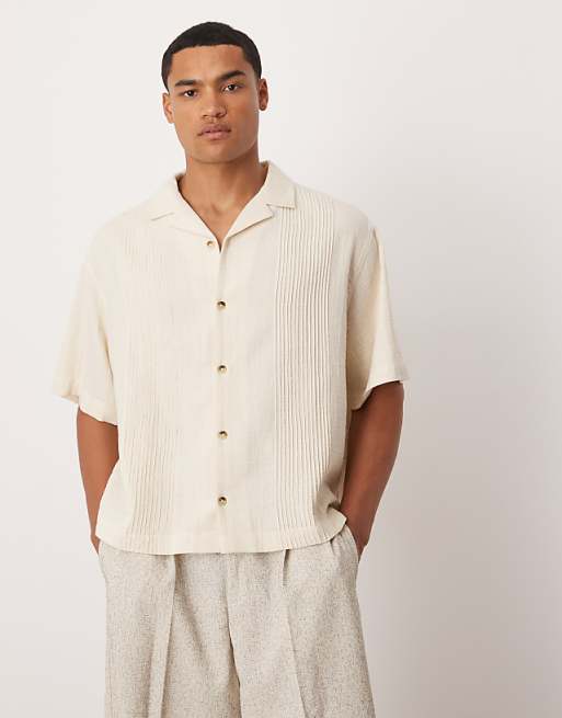 DESIGN boxy revere shirt with pin tuck detailing in stone