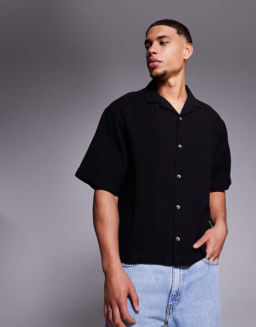 DESIGN boxy revere shirt with pin tuck detailing in black