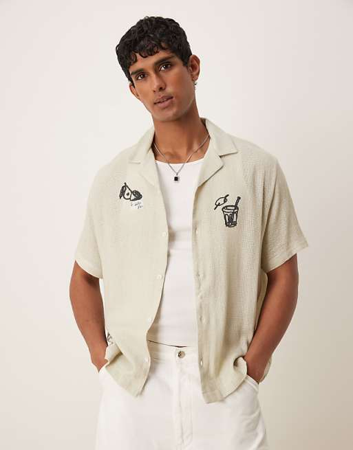DESIGN boxy revere shirt with print in stone