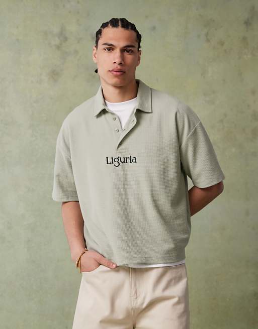 DESIGN Boxy Short Sleeve Polo With Embroidery In Green