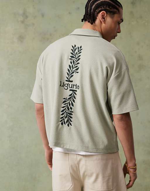 DESIGN Boxy Short Sleeve Polo With Embroidery In Green