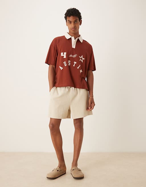DESIGN Boxy Short Sleeve Polo With With City Print In Brown