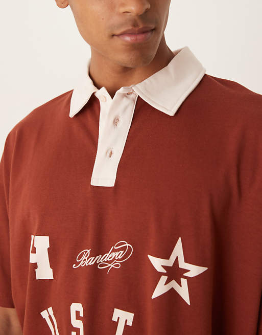 DESIGN Boxy Short Sleeve Polo With With City Print In Brown