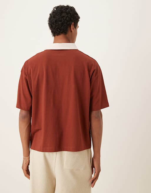 DESIGN Boxy Short Sleeve Polo With With City Print In Brown