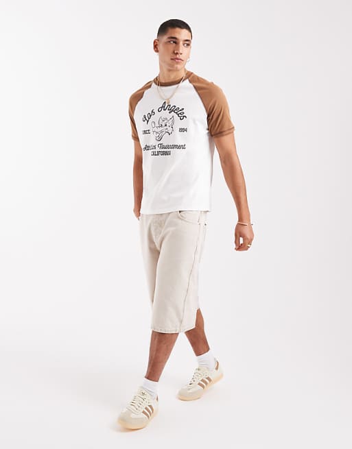 DESIGN Boxy Standard Fit T-shirt With Front Graphic In White And Brown
