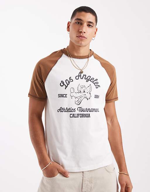 DESIGN boxy standard fit t-shirt with front graphic in white and brown