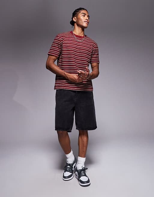 DESIGN Boxy T-shirt In Textured Burgundy Stripe