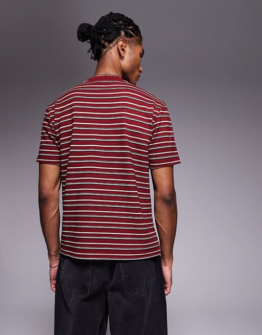 DESIGN Boxy T-shirt In Textured Burgundy Stripe