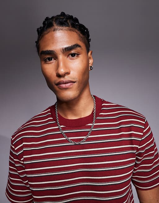 DESIGN Boxy T-shirt In Textured Burgundy Stripe