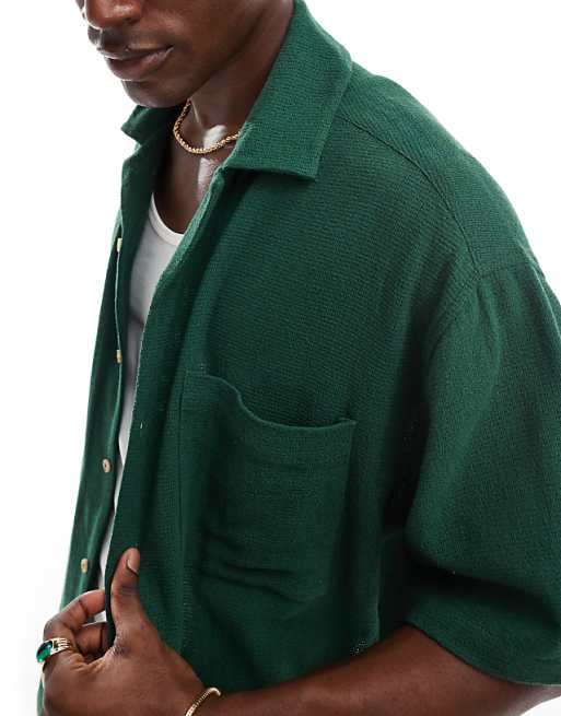 DESIGN Boxy Textured Revere Regular Shirt In Green