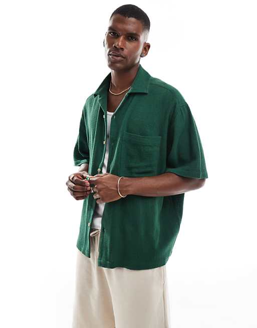 DESIGN boxy textured revere regular shirt in green