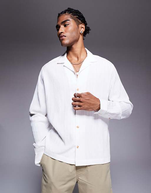 DESIGN boxy textured revere shirt in white