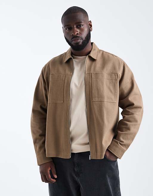 DESIGN Boxy Twill Overshirt With Zip In Brown