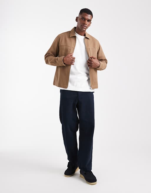 DESIGN Boxy Twill Overshirt With Zip In Brown