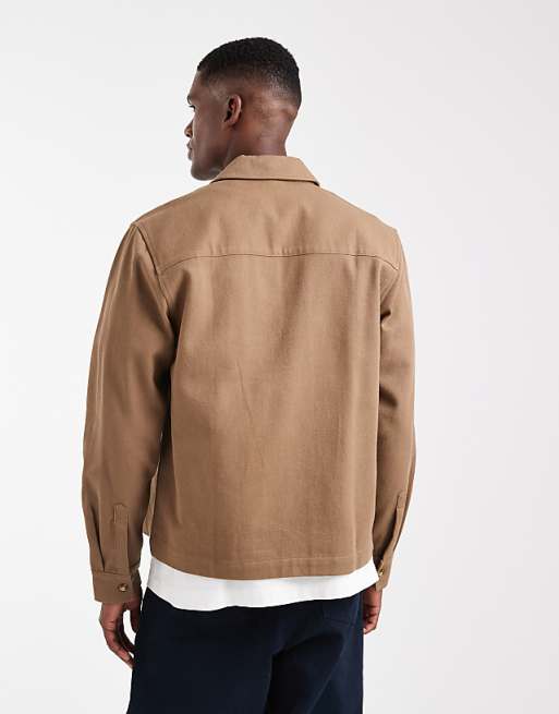 DESIGN Boxy Twill Overshirt With Zip In Brown