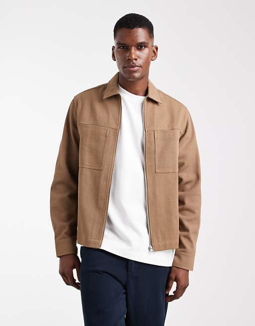 DESIGN boxy twill overshirt with zip in brown