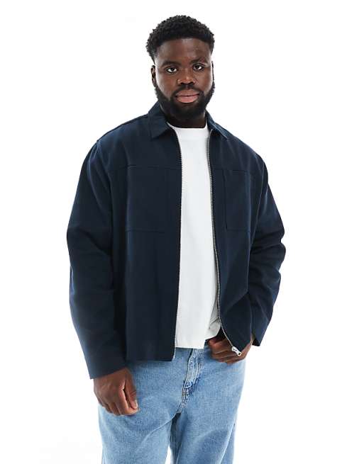 DESIGN Boxy Zip Through Overshirt In Navy