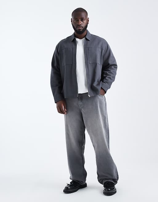 DESIGN Boxy Zip Through Overshirt In Washed Black