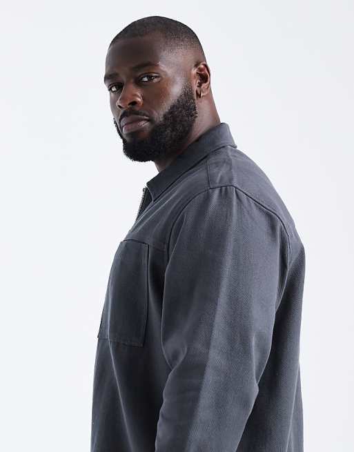 DESIGN Boxy Zip Through Overshirt In Washed Black