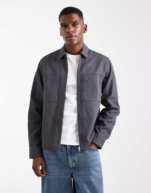DESIGN boxy zip through overshirt in washed black
