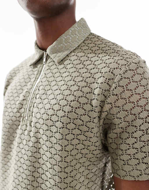 DESIGN Boxy Zipped Polo In Khaki Open Crochet