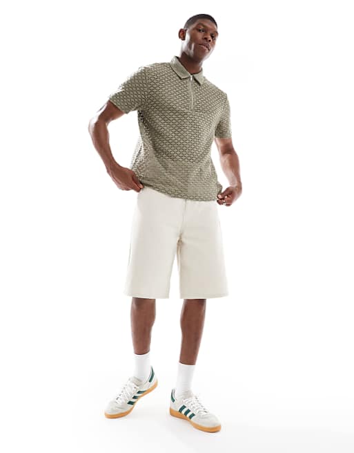 DESIGN Boxy Zipped Polo In Khaki Open Crochet