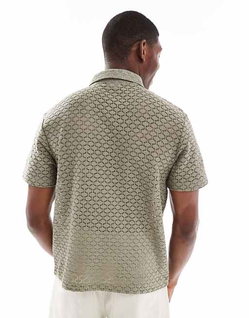 DESIGN Boxy Zipped Polo In Khaki Open Crochet