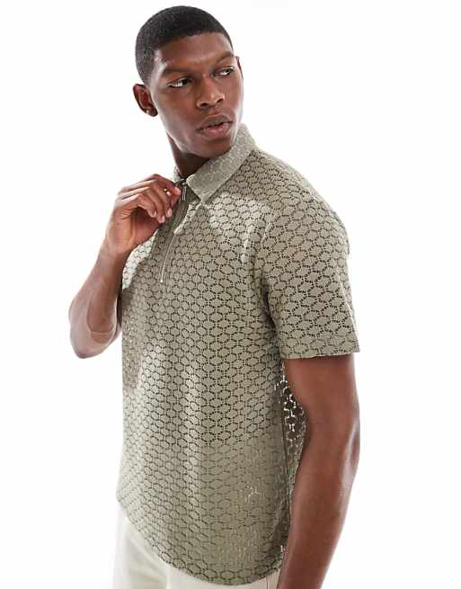 DESIGN boxy zipped polo in khaki open crochet