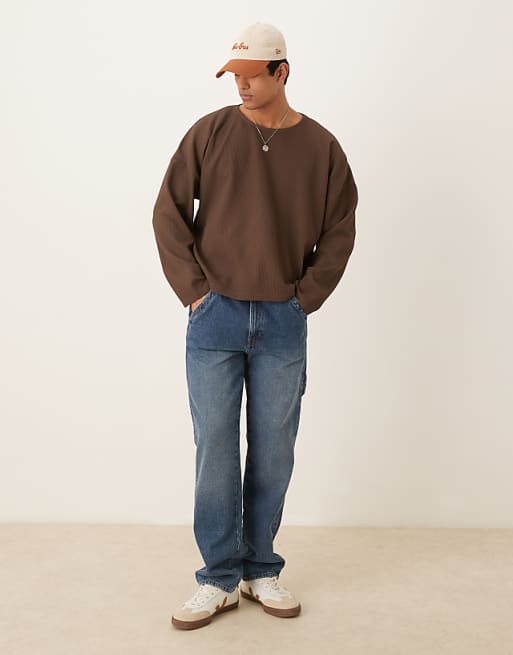 DESIGN Bozy Oversized Plisse Long Sleeve T-shirt In Brown