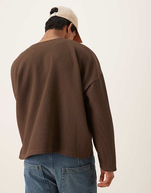 DESIGN Bozy Oversized Plisse Long Sleeve T-shirt In Brown