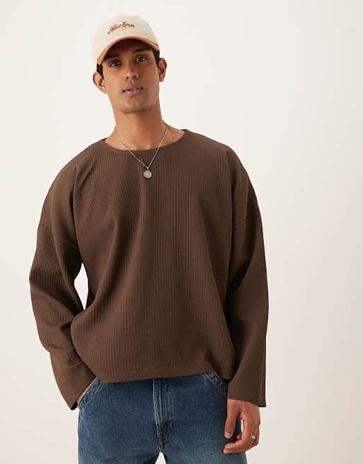 DESIGN bozy oversized plisse long sleeve t-shirt in brown
