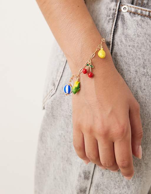 DESIGN bracelet with paperclip chain and fruit and veg charms in gold tone