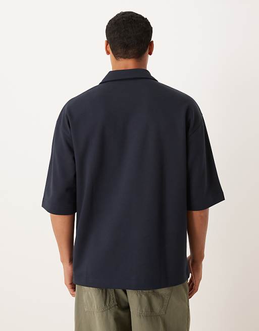 DESIGN BreatheMAX™ Heavyweight Oversized Half Sleeve Revere Polo In Navy Cotton Blend