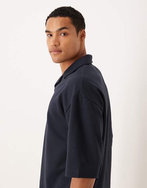 DESIGN BreatheMAX™ Heavyweight Oversized Half Sleeve Revere Polo In Navy Cotton Blend