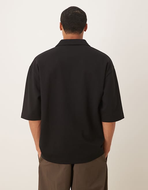 DESIGN BreatheMAX™ Heavyweight Oversized Half Sleeve Revere Polo In Black Cotton Blend