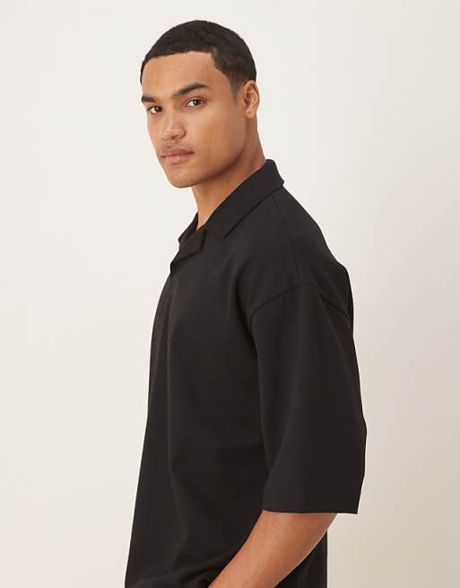 DESIGN BreatheMAX™ Heavyweight Oversized Half Sleeve Revere Polo In Black Cotton Blend