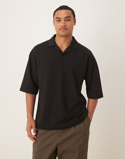 DESIGN breatheMAX™ heavyweight oversized half sleeve revere polo in black cotton blend