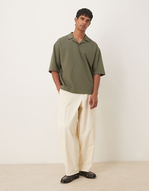 DESIGN BreatheMAX™ Heavyweight Oversized Half Sleeve Revere Polo In Khaki Cotton Blend