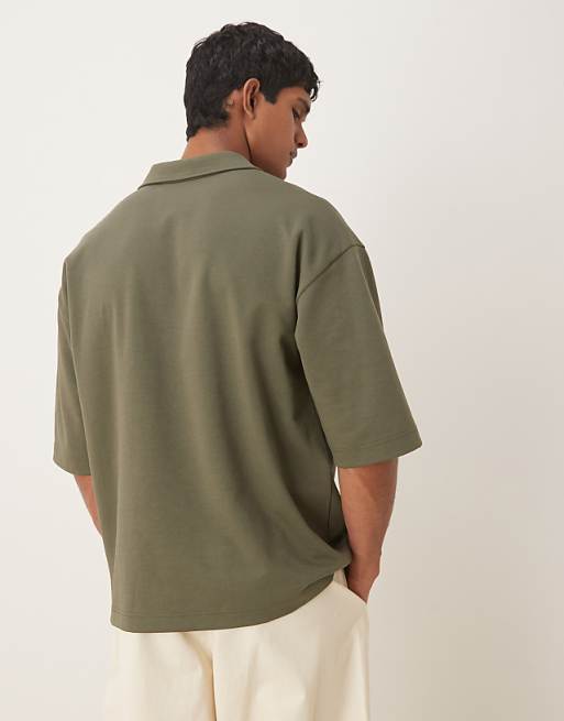 DESIGN BreatheMAX™ Heavyweight Oversized Half Sleeve Revere Polo In Khaki Cotton Blend