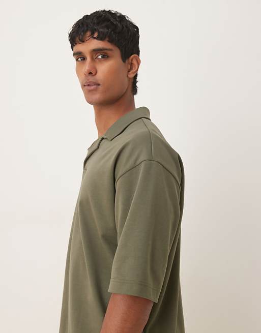 DESIGN BreatheMAX™ Heavyweight Oversized Half Sleeve Revere Polo In Khaki Cotton Blend