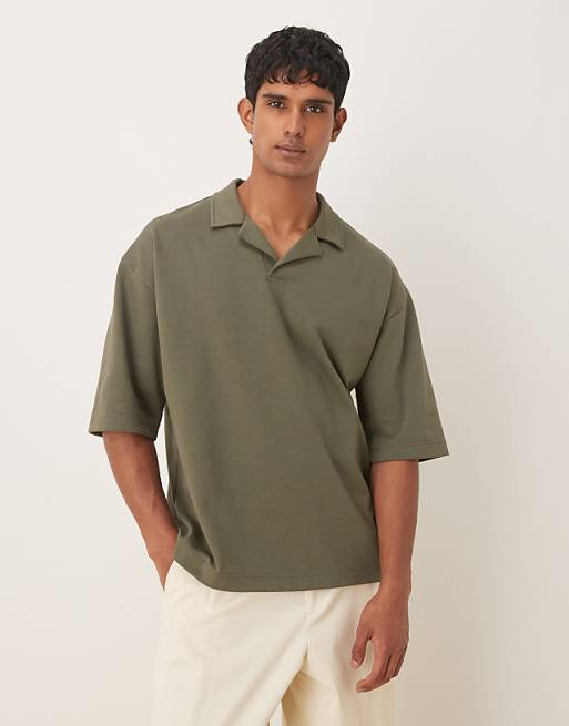 DESIGN breatheMAX™ heavyweight oversized half sleeve revere polo in khaki cotton blend